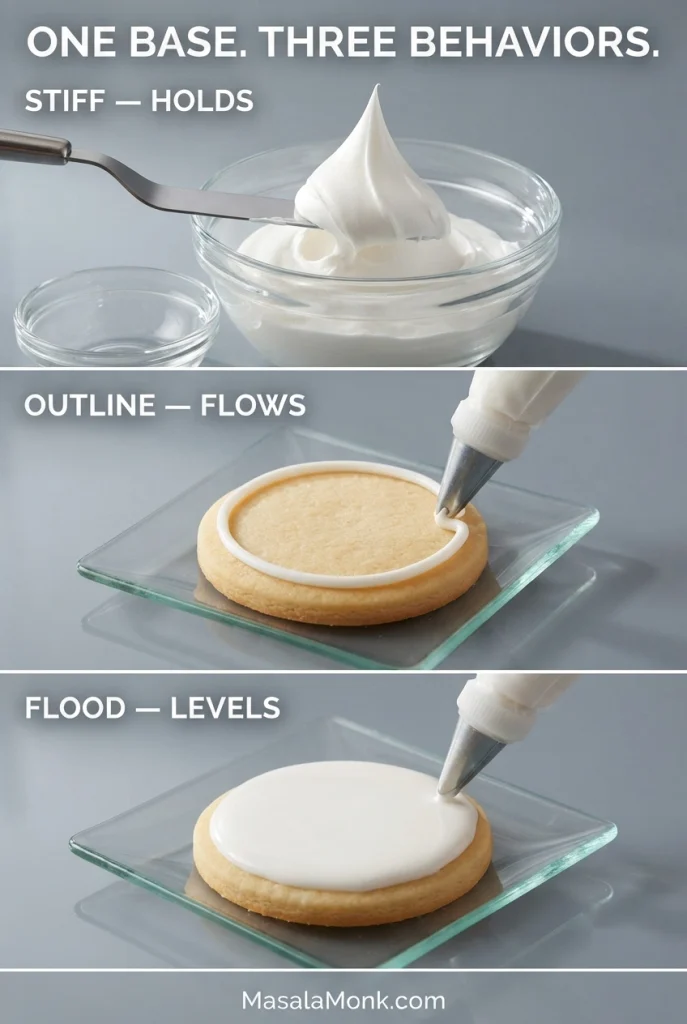Three-panel comparison labeled stiff, outline and flood royal icing, showing a standing peak, a piped border and icing filling a cookie.