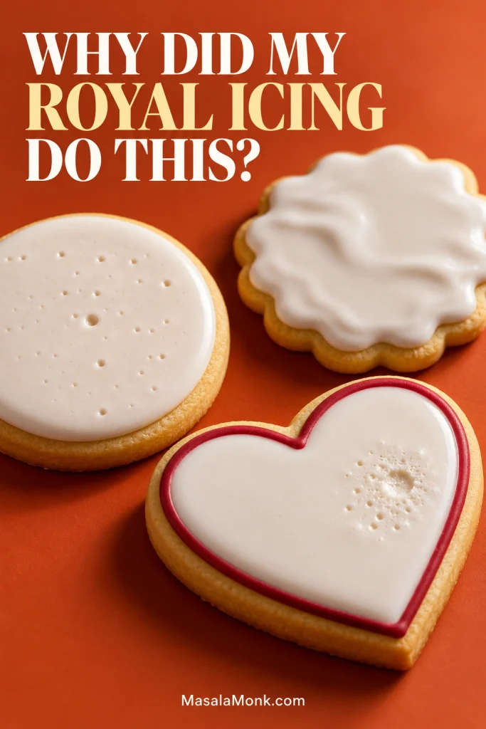 Three sugar cookies showing royal icing surface problems including small holes, rippling and a cratered area.