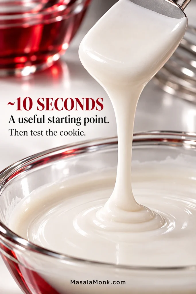 White royal icing falling from a spatula in a ribbon over a bowl during an approximately 10-second consistency test.