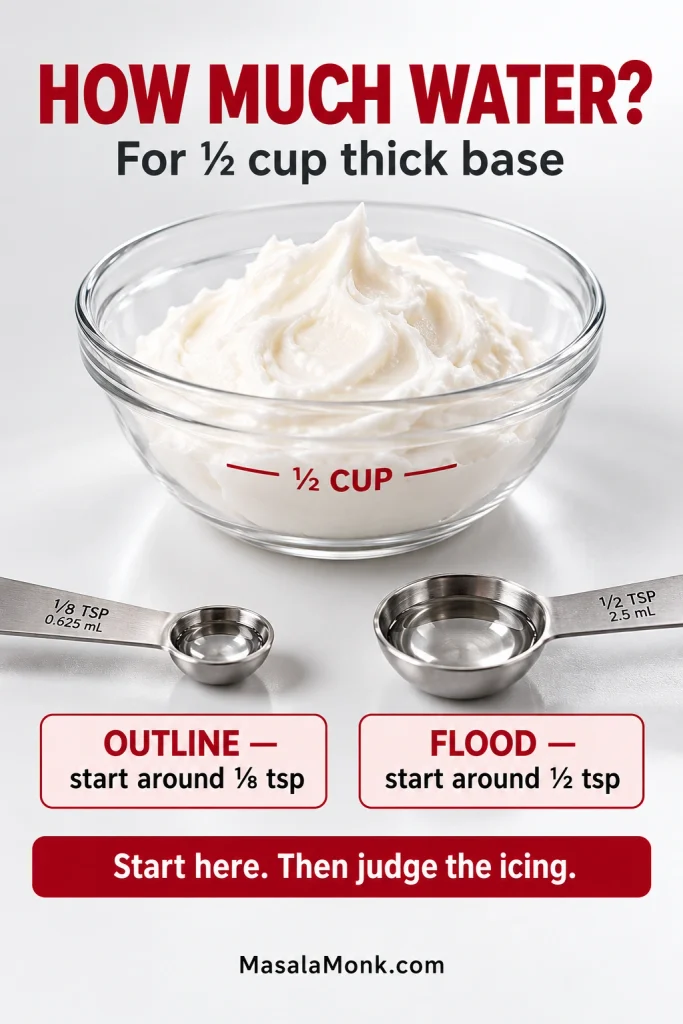 Royal icing water-adjustment guide showing about 1/8 teaspoon water for outline icing and 1/2 teaspoon for flood icing per half cup of thick base.