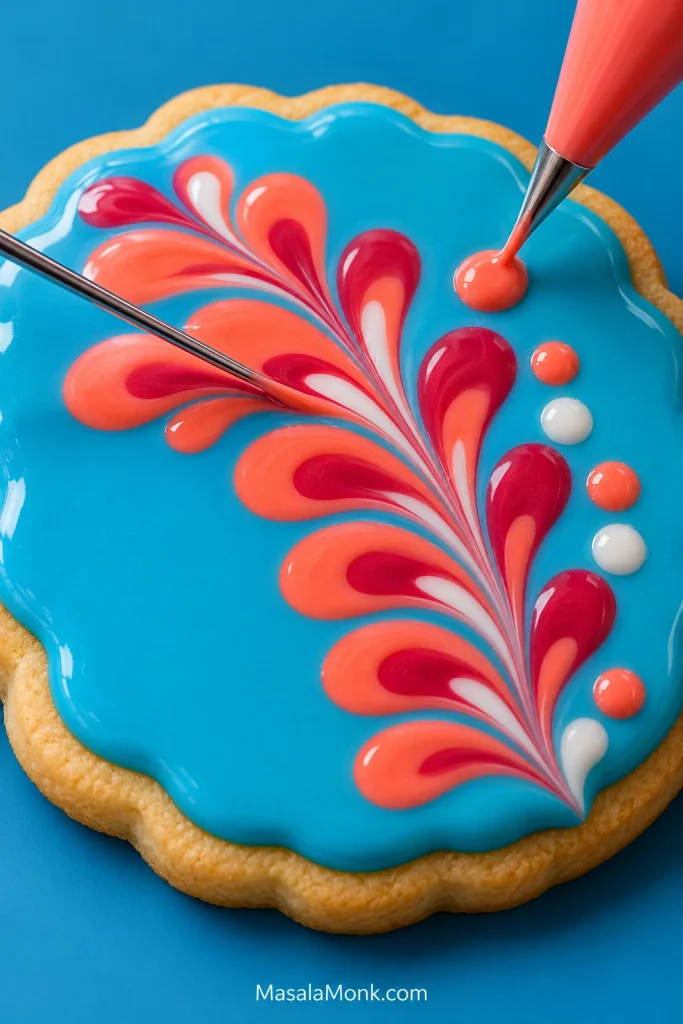 Scribe tool being dragged through red, coral and white icing dots on blue flood icing to create a feathered pattern.