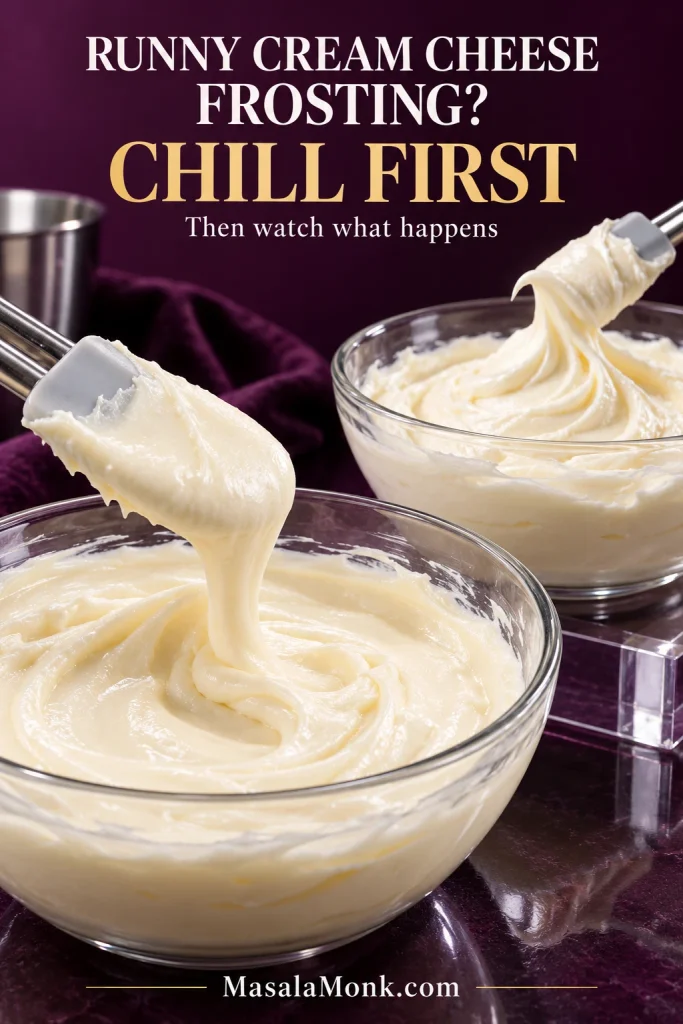 Two bowls of cream cheese frosting comparing a loose, slumping texture with a firmer chilled texture that holds ridges.