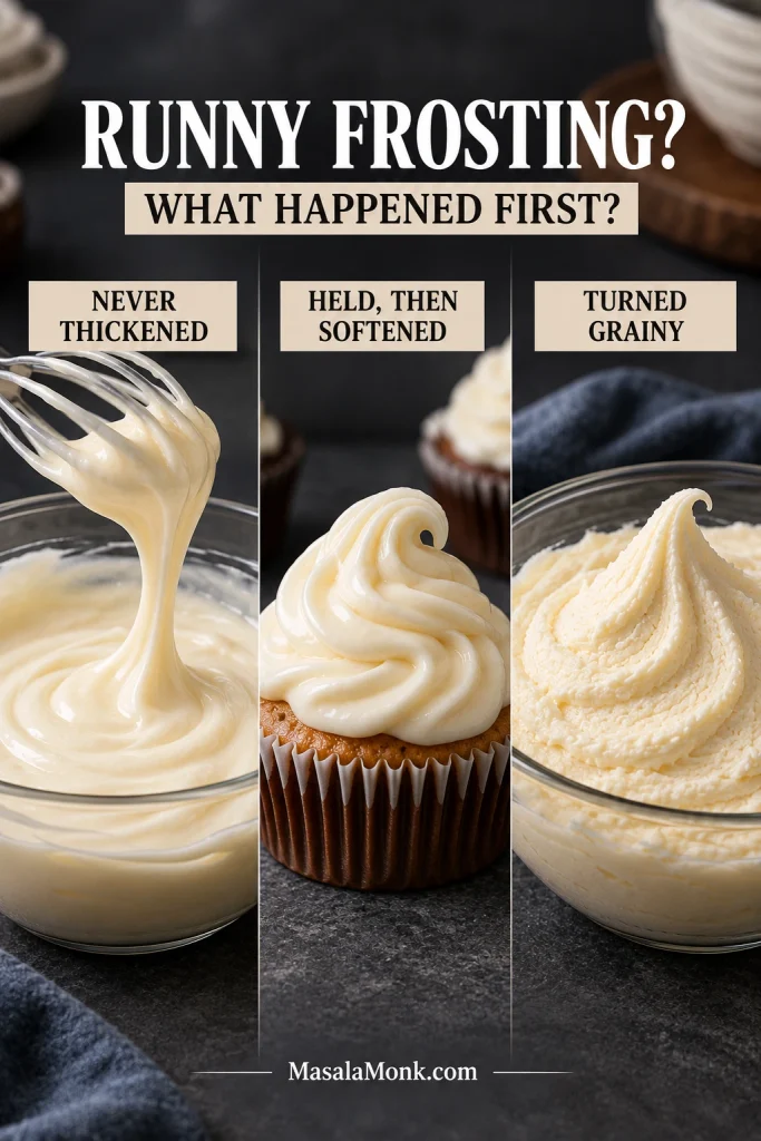 Three frosting problems compared: a mixture that never thickened, a piped swirl that softened and frosting that became grainy after whipping.