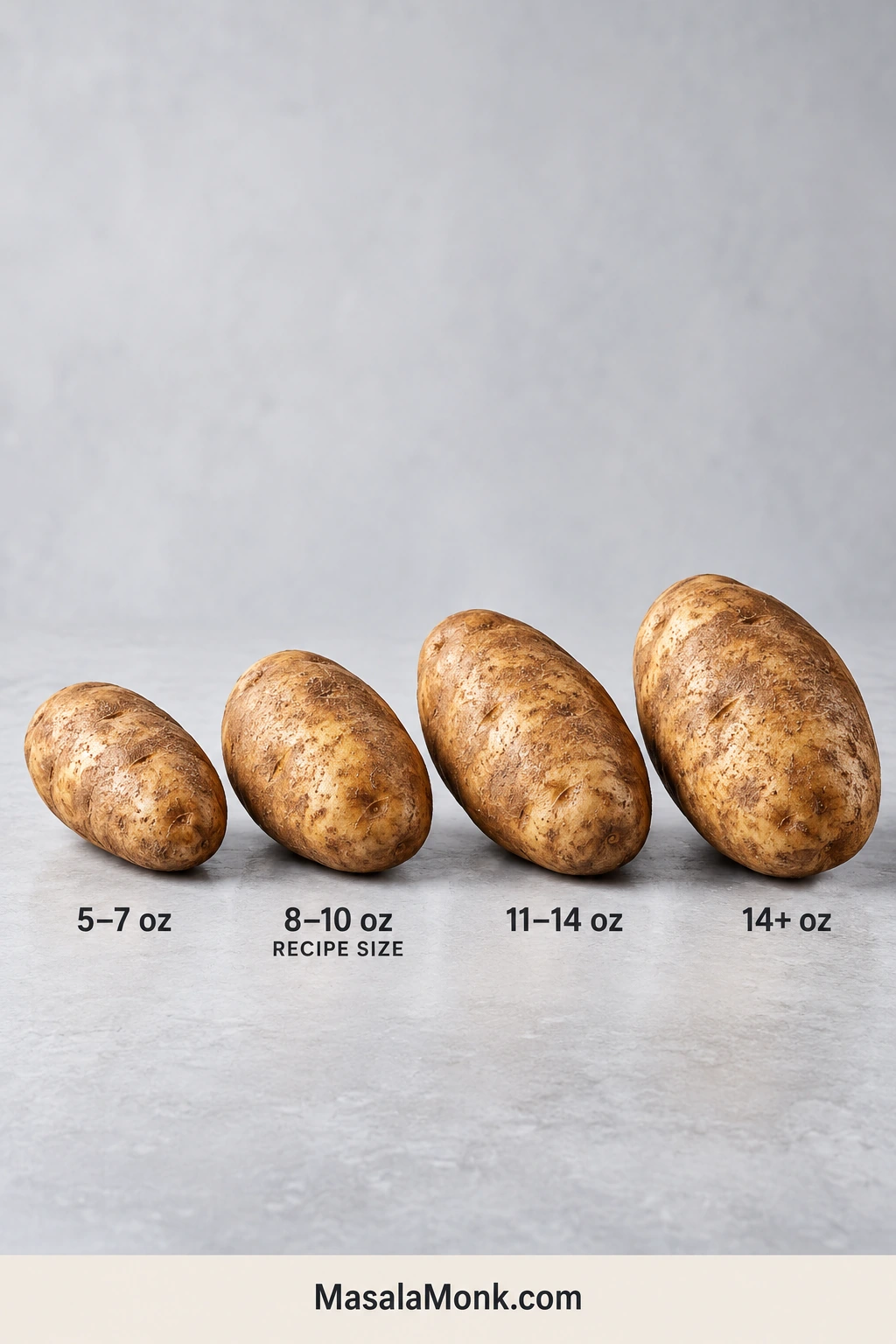 Four Russet potatoes increasing in size and labeled 5–7 oz, 8–10 oz recipe size, 11–14 oz and 14+ oz.