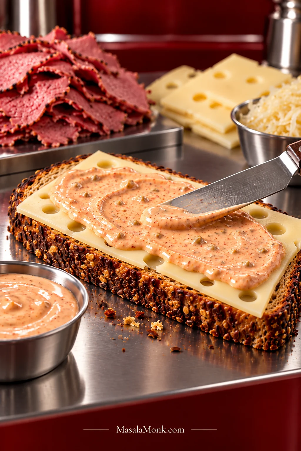 Russian dressing being spread in a thin layer over Swiss cheese on seeded rye bread during Reuben sandwich assembly.