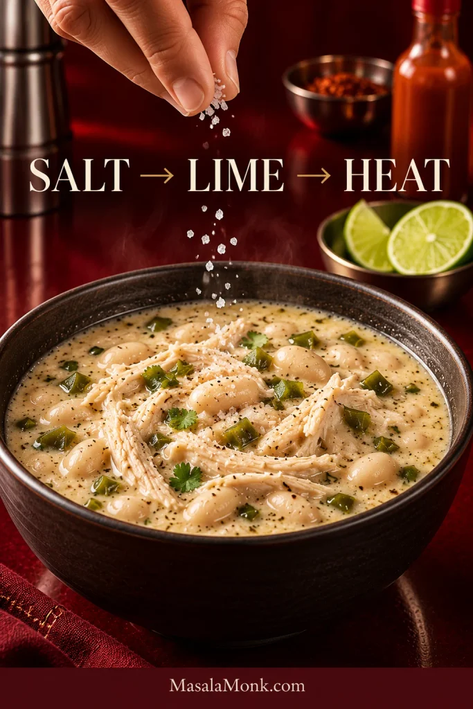 Hand sprinkling salt over a bowl of white chicken chili, with cut lime nearby and hot sauce positioned farther back.