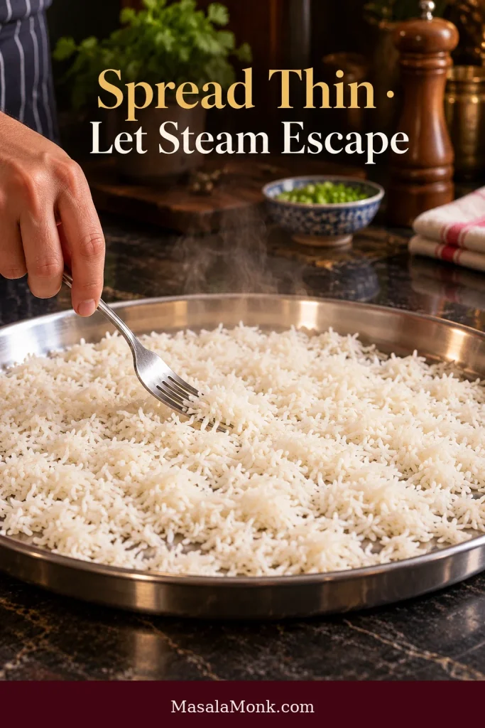 Freshly cooked white rice spread in a thin layer across a wide metal tray while a fork loosens the grains and light steam rises.