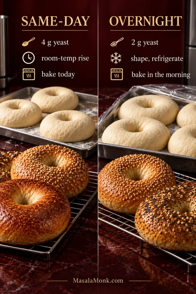 Comparison of same-day bagels made with 4 grams of yeast and room-temperature rising beside overnight bagels made with 2 grams of yeast and refrigerated shaped rings.