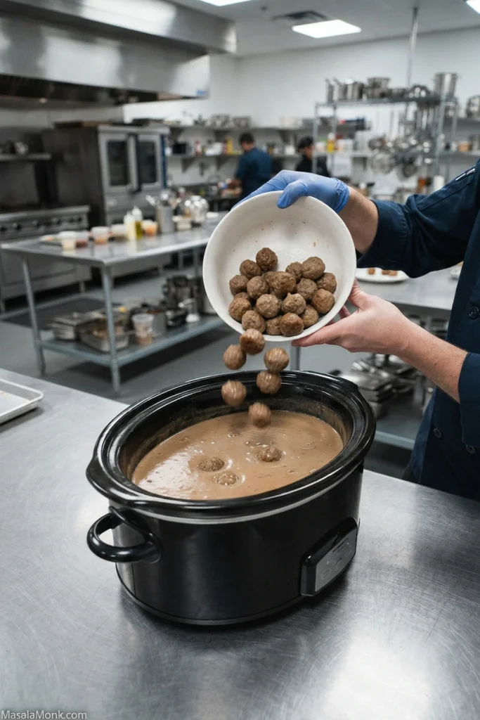Fully cooked frozen meatballs being tipped from a bowl into smooth brown-beige gravy already mixed inside an oval slow cooker.