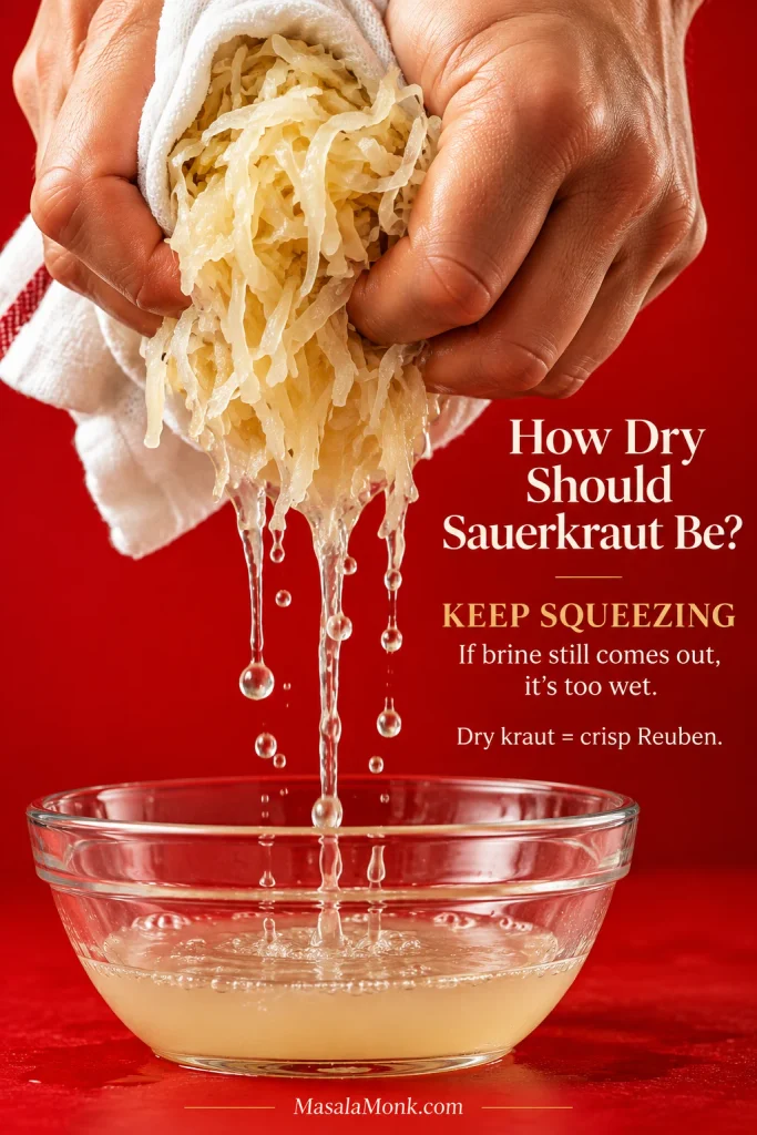Hands squeezing pale shredded sauerkraut in a clean cloth while visible brine drips out beneath it.
