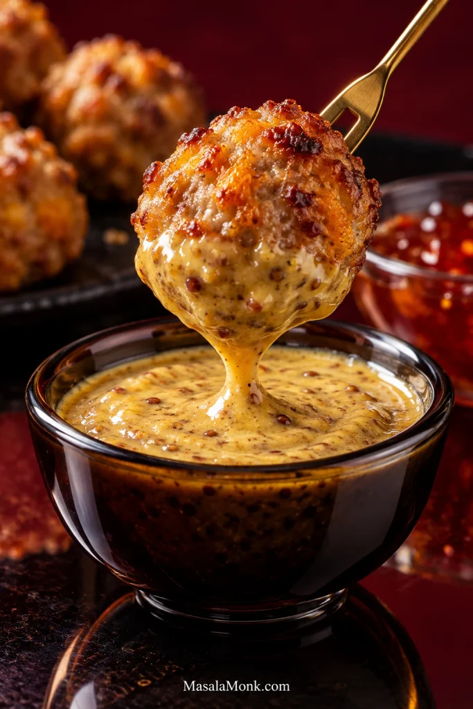 Golden sausage ball on a small fork being lifted from thick grainy mustard sauce, with a red pepper jelly dish blurred in the background.