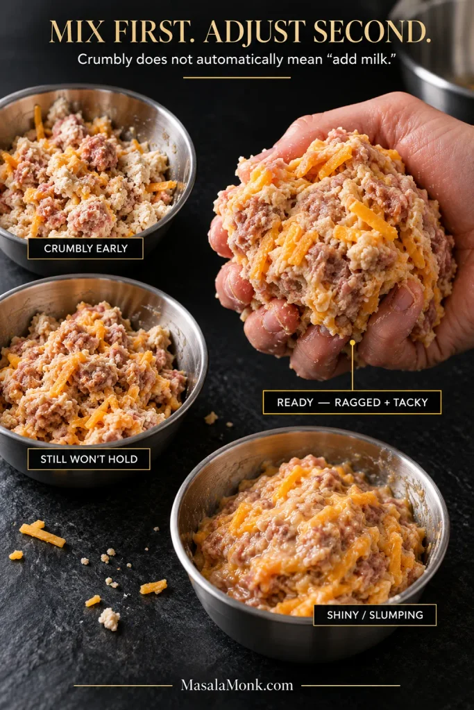 Four raw sausage-ball mixture textures labeled crumbly early, still won’t hold, ready and ragged plus tacky, and shiny or slumping, with the ready mixture squeezed in a hand.