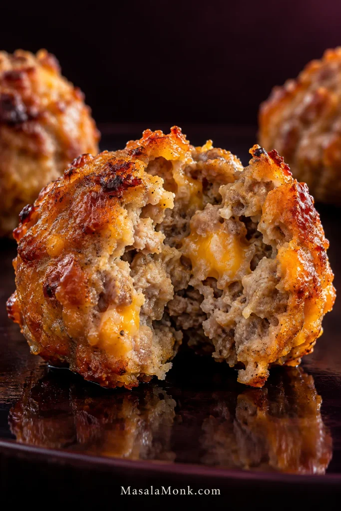 Extreme close-up of a broken-open sausage ball with a browned craggy exterior, moist cooked sausage center, and small pockets of melted cheddar.