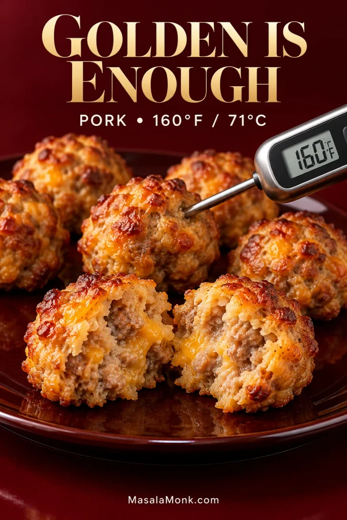 Golden sausage balls on a dark red plate, with one split open and another checked by a digital thermometer reading 160°F.