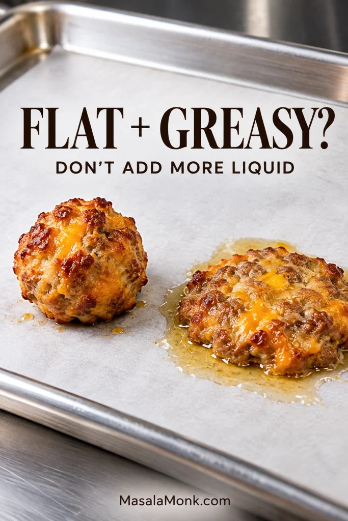 Two baked sausage balls on a metal sheet pan, with one staying round and the other spreading flat into a puddle of grease.