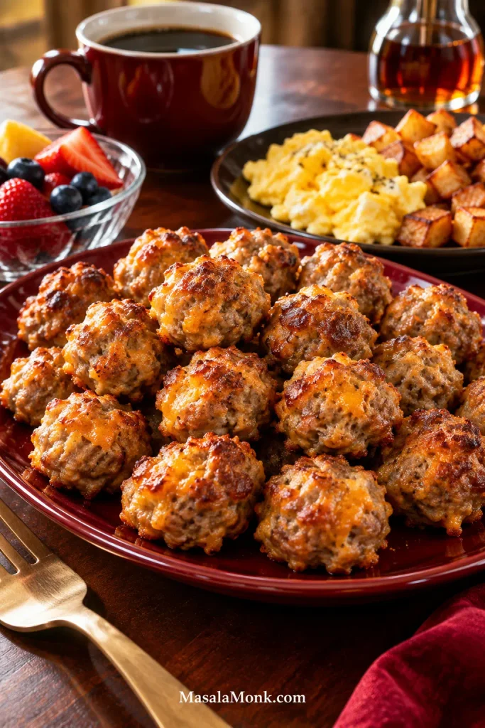 Red platter of golden sausage balls on a dark wood breakfast table with scrambled eggs, roasted potatoes, berries, coffee, and maple syrup.