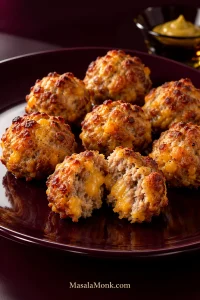 Golden-brown sausage balls on a burgundy plate, with one split open to show the moist sausage and cheddar interior.