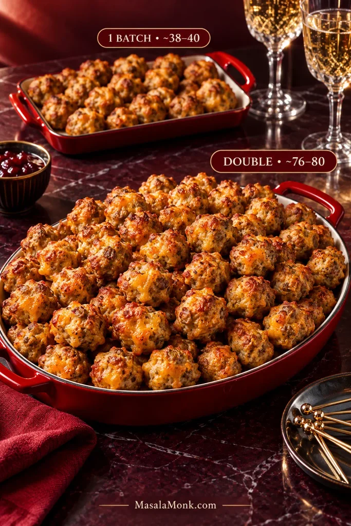 Large red platter of sausage balls labeled double batch, about 76 to 80, with a smaller one-batch tray labeled about 38 to 40 behind it.