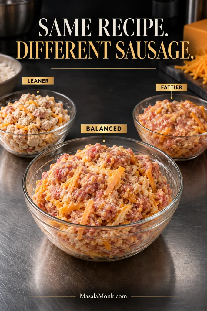 Three bowls of raw sausage-ball mixture labeled leaner, balanced, and fattier, showing progressively softer and shinier textures.