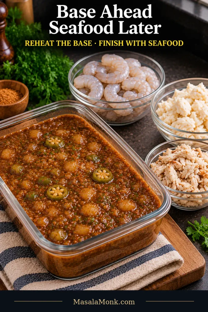 A shallow glass container of brown seafood-gumbo base with softened vegetables sits beside separate portions of raw peeled shrimp, picked claw crab, and pale lump crabmeat.