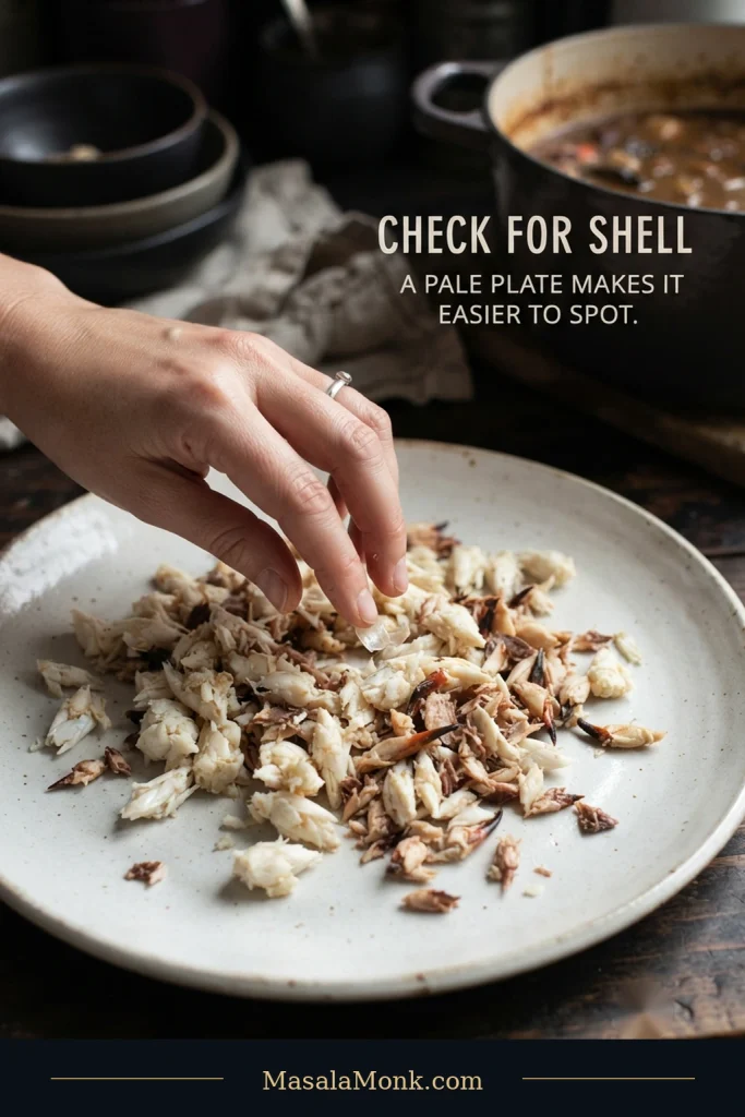 Picked crabmeat spread across a pale plate while a hand checks the pieces for a small shell or cartilage fragment.
