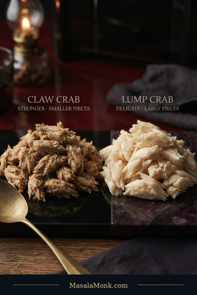 Two portions of cooked crabmeat on a dark surface: smaller darker flakes of claw crab on the left and larger pale clusters of lump crab on the right.
