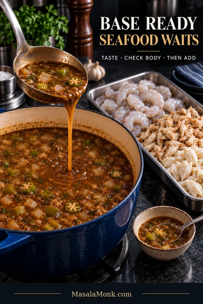 A ladle pours brown gumbo base into a Dutch oven while raw peeled shrimp and separate portions of picked claw and lump crabmeat wait on a metal tray beside the pot.