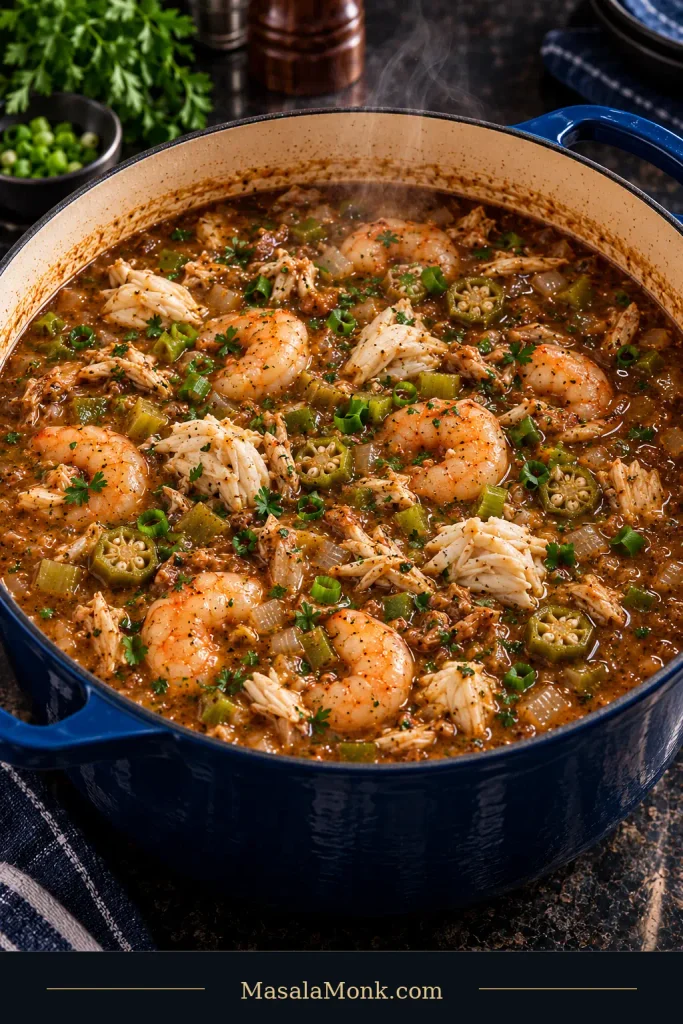 A blue Dutch oven filled with finished brown seafood gumbo, showing peeled cooked shrimp, pale lump crabmeat, smaller pieces of claw crab, okra, and softened vegetables in the broth.