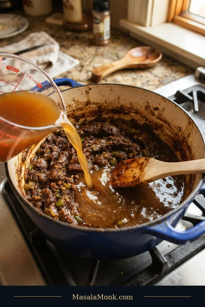 Amber seafood stock pouring from a glass measuring jug into a thick brown roux-and-vegetable mixture while a wooden spatula works through the pot.
