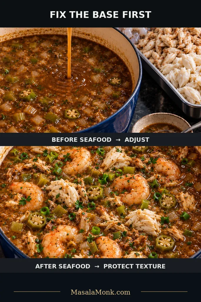 A two-stage seafood-gumbo visual contrasts the brown base before seafood is added with finished gumbo containing cooked shrimp and crab.