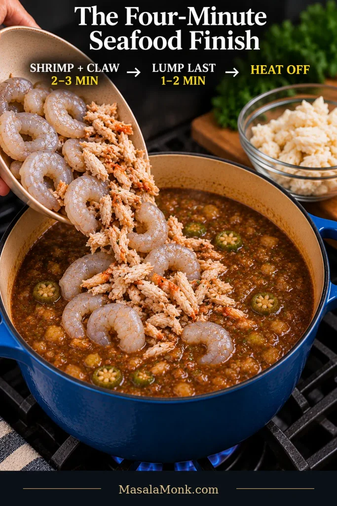 Raw peeled shrimp and picked claw crab being added to a pot of gumbo, with a separate bowl of lump crab and an on-image sequence for shrimp and claw first, lump last, and heat off.