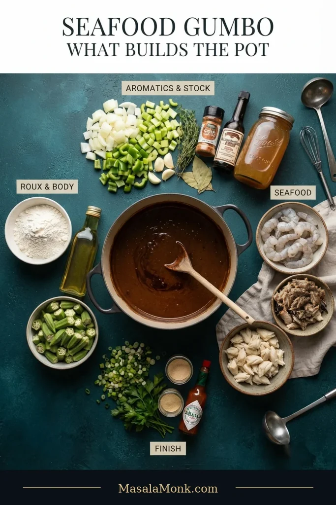 An overhead seafood-gumbo ingredient arrangement around a central pot, with flour and oil, chopped onion, green bell pepper and celery, stock, raw shrimp, claw and lump crabmeat, okra, herbs, and finishing ingredients grouped around it.