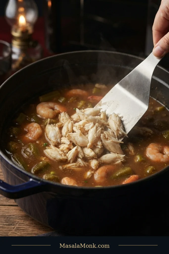 Large pale pieces of lump crabmeat being gently folded into brown seafood gumbo with cooked shrimp using a broad spatula.