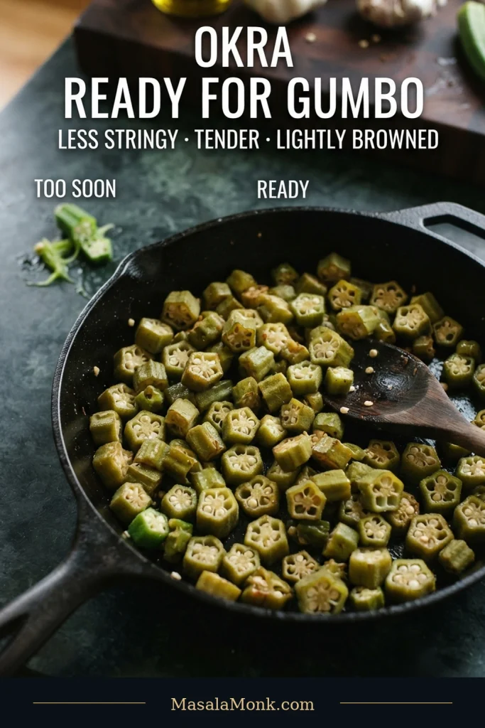 Sliced okra at two cooking stages in a dark skillet, with brighter wet slices and visible strands beside softer olive-green slices with light browning.