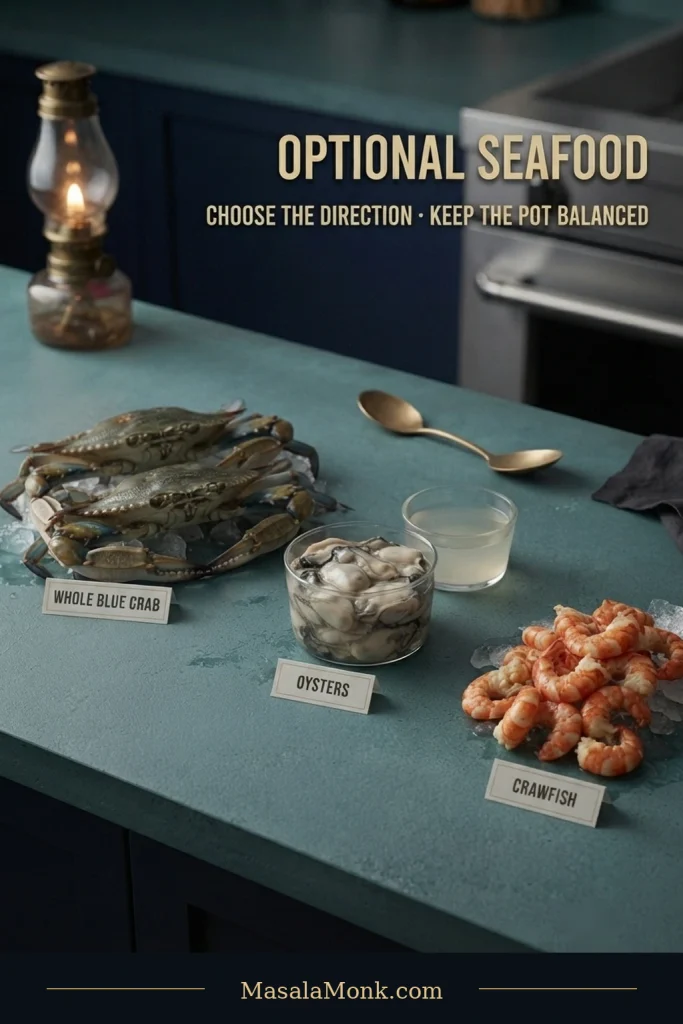 Whole blue crabs, shucked oysters with a small vessel of oyster liquor, and peeled cooked crawfish tails arranged as optional seafood additions.