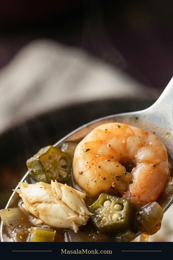 A spoonful of seafood gumbo showing a cooked shrimp, a pale piece of lump crab, soft okra, and glossy brown broth above a blurred bowl.