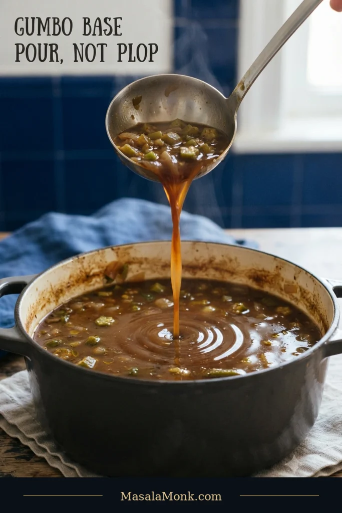 A stainless-steel ladle pours a continuous stream of brown gumbo base into a pot, creating low ripples on the liquid surface.