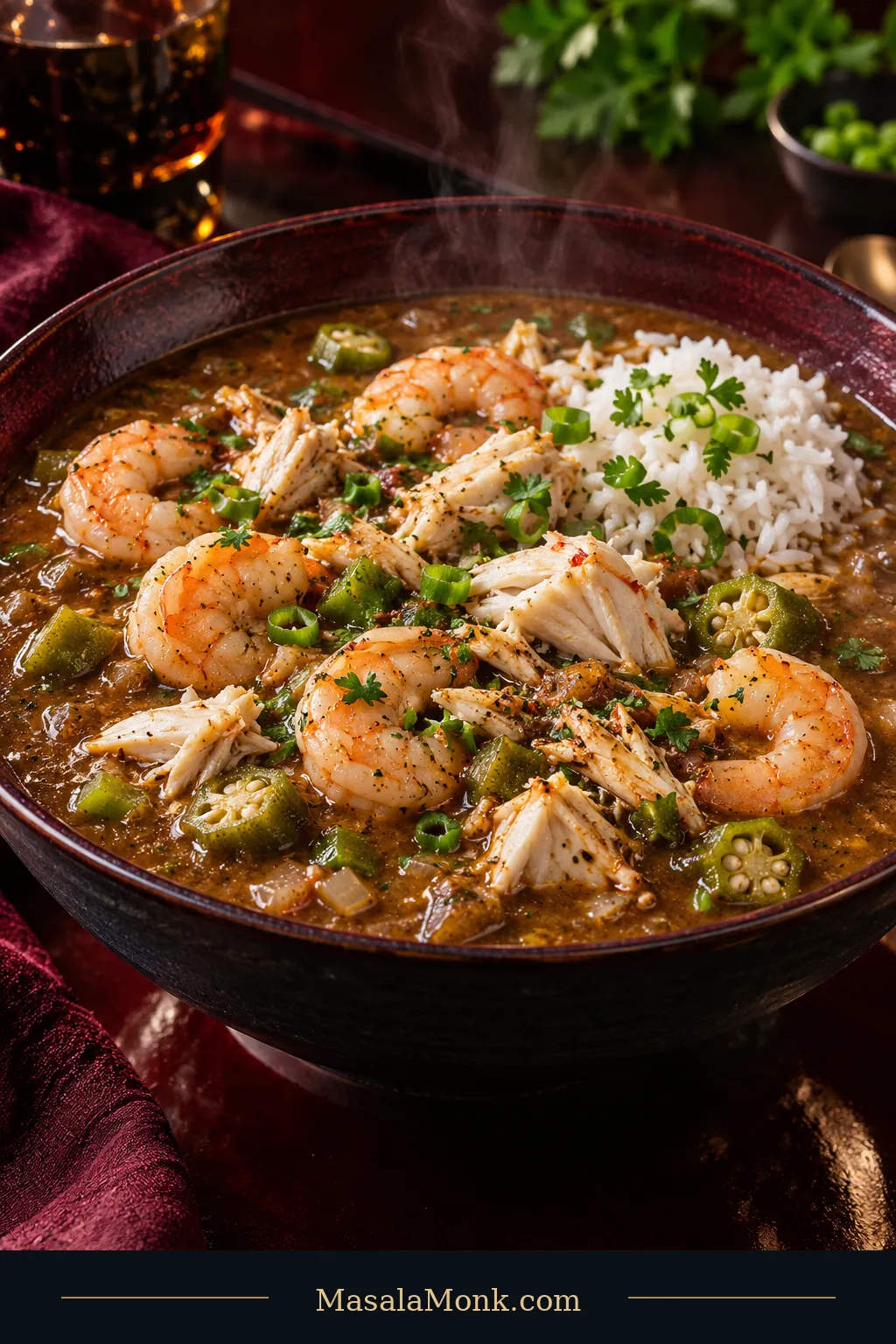 A dark ceramic bowl of deep-brown seafood gumbo with cooked shrimp, pale lump crabmeat, okra, and a modest mound of white rice, garnished with green onion and parsley.