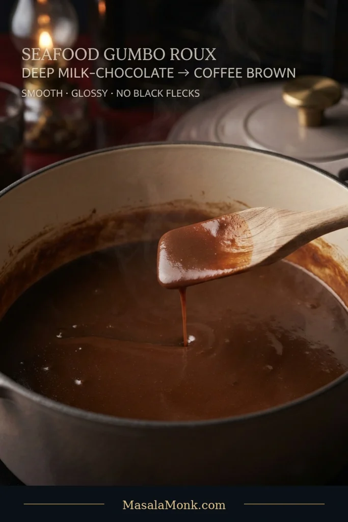 Smooth, glossy deep-brown roux in a light-interior pot, with a wooden spatula lifting a thin stream back into the mixture.