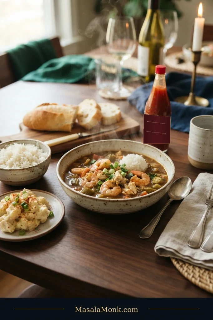 A bowl of brown seafood gumbo with shrimp, crab, okra, and rice on a dark wooden table with French bread, potato salad, hot sauce, and extra rice.