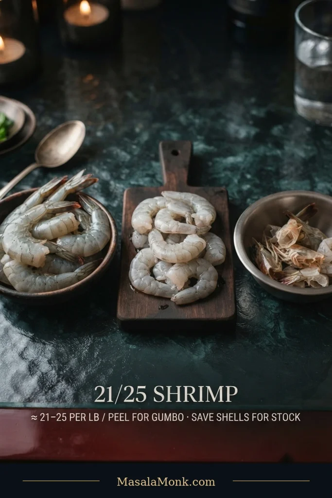 Raw shell-on shrimp, peeled raw shrimp with their tails removed, and a small bowl of empty shrimp shells arranged separately on a teal work surface.