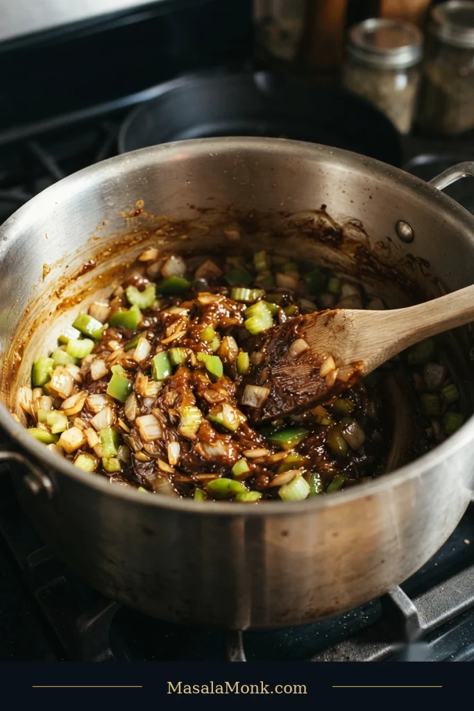 Chopped yellow onion, green bell pepper, and celery being stirred into glossy dark-brown roux in a heavy pot with a wooden spatula.