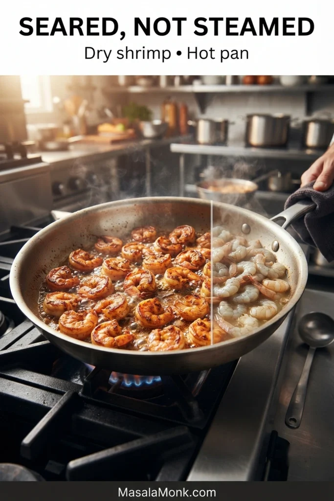 Split skillet comparison showing browned Cajun shrimp on one side and pale shrimp sitting in moisture on the other, illustrating searing versus steaming.
