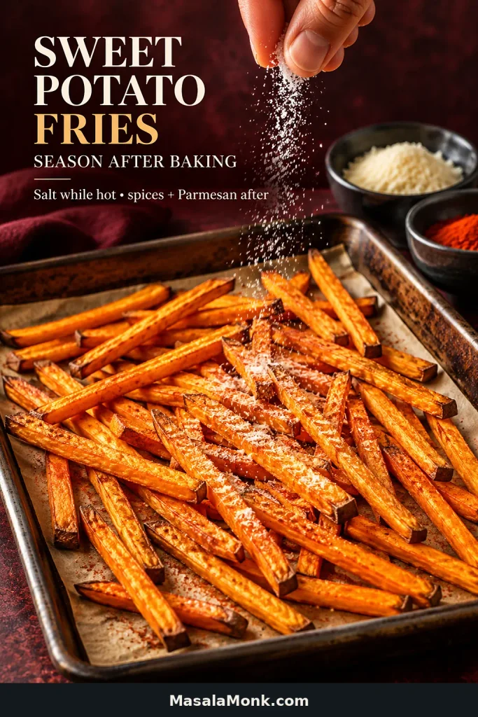 A hand seasoning freshly baked sweet potato fries on a tray, with grated Parmesan and red spice mixtures in small bowls nearby.