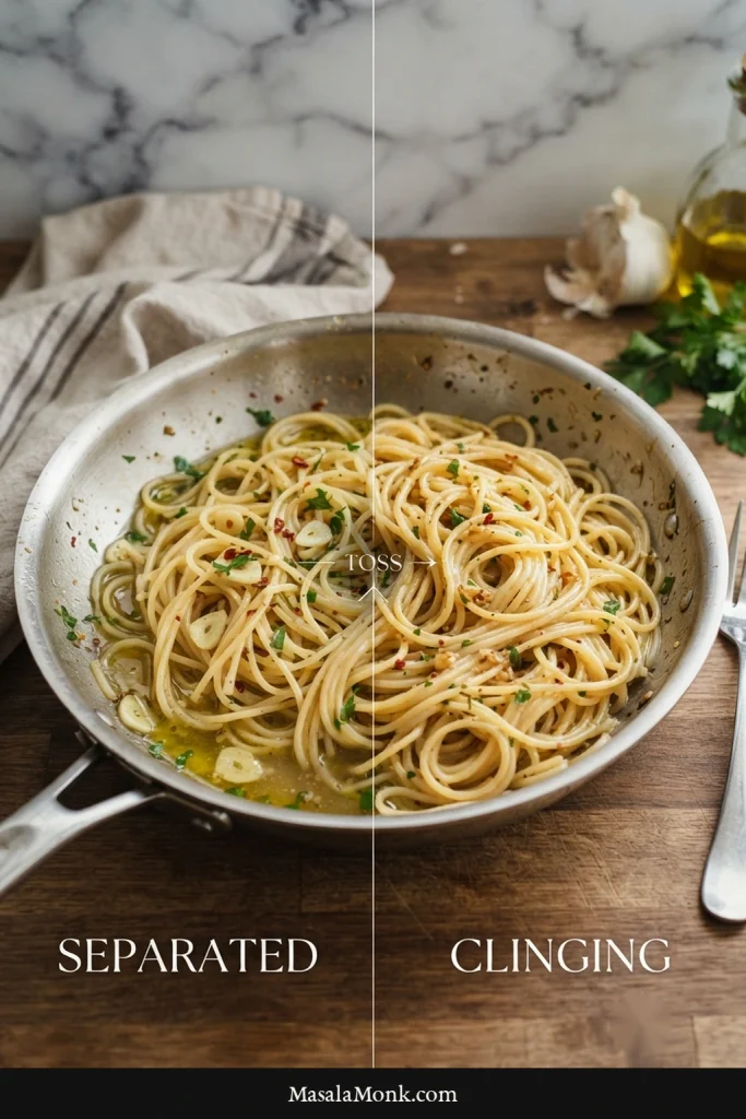 Before-and-after comparison of spaghetti in a skillet, showing separated oil and cooking water on one side and a thin cohesive coating clinging to the noodles on the other.