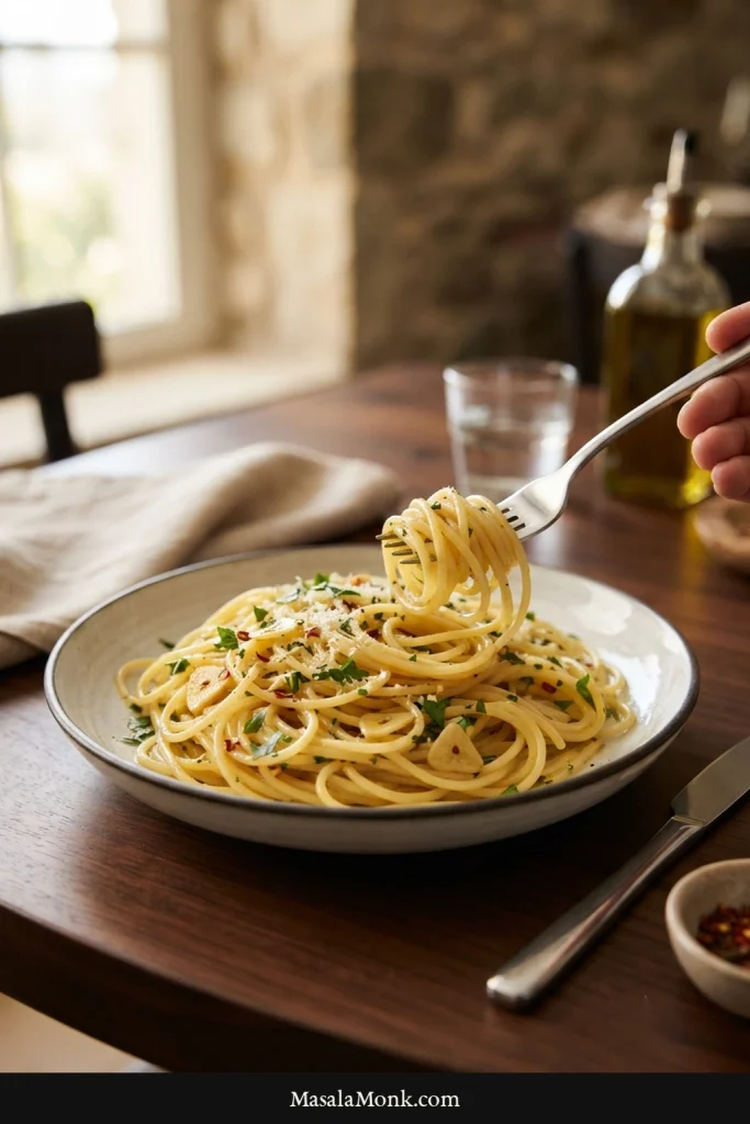 Fork winding loose glossy spaghetti aglio e olio from a shallow white bowl at a contemporary dining table.