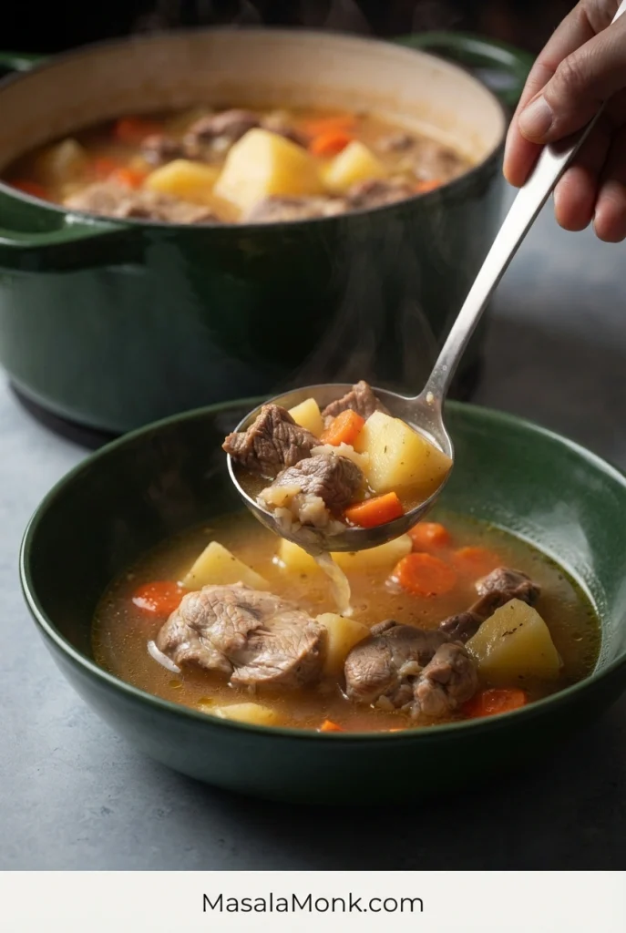Ladle transferring lamb, potato, carrot and broth from a pot of Irish stew into a serving bowl.