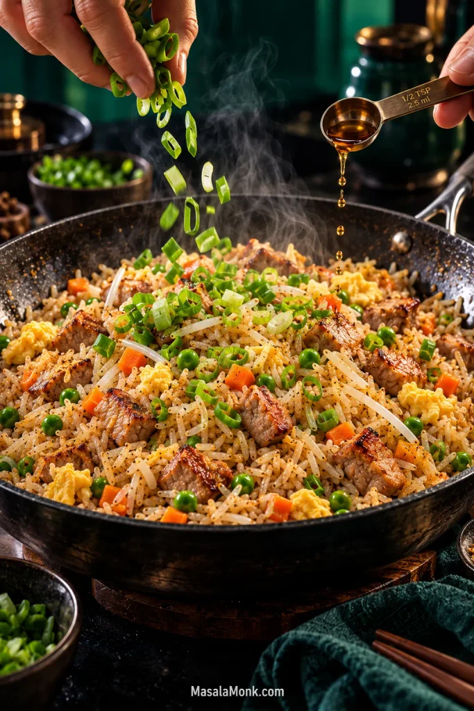 Sesame oil being drizzled over finished pork fried rice while sliced green scallions are scattered across the pan.