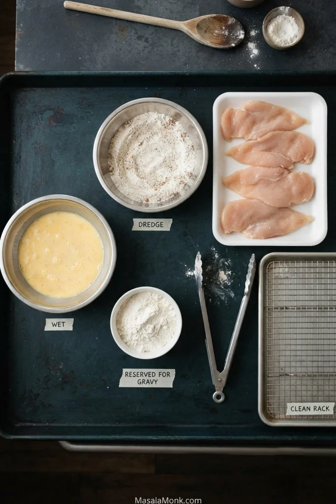 Overhead breading station with wet mixture, seasoned flour dredge, flour reserved for gravy, raw chicken tray, tongs, and a separate clean cooling rack.