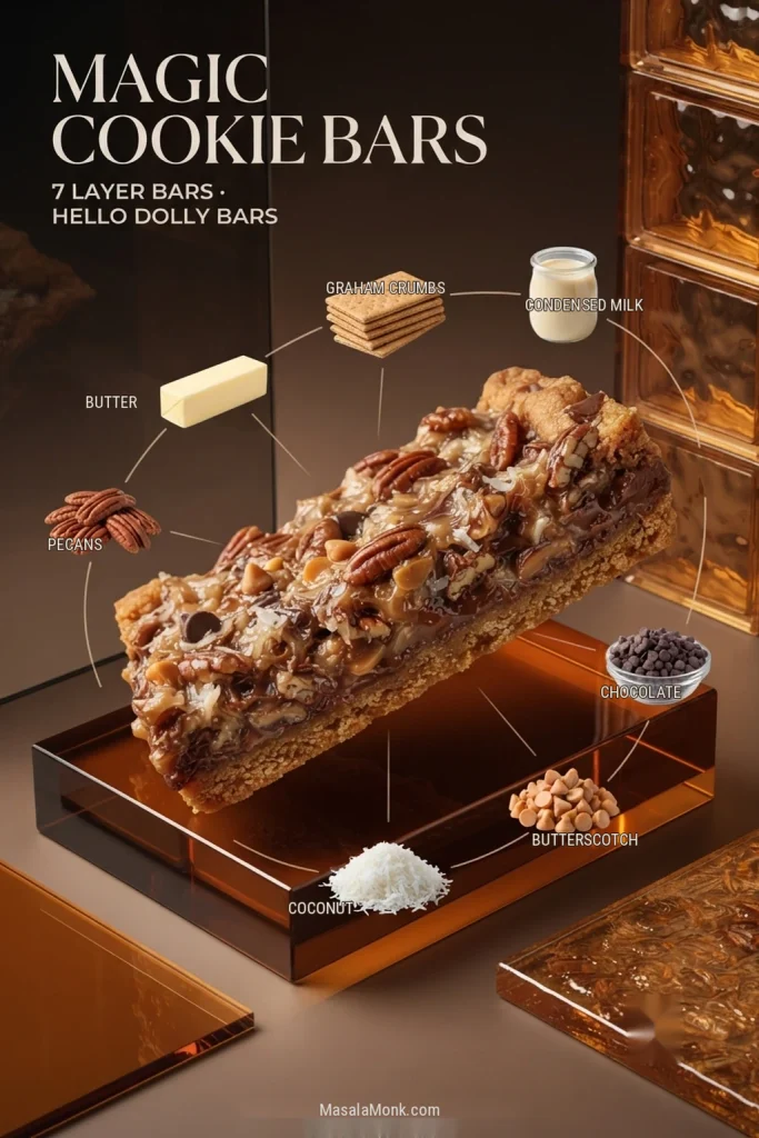 Ingredient diagram for Magic Cookie Bars showing butter, graham crumbs, sweetened condensed milk, chocolate, butterscotch, coconut and pecans around a finished bar.